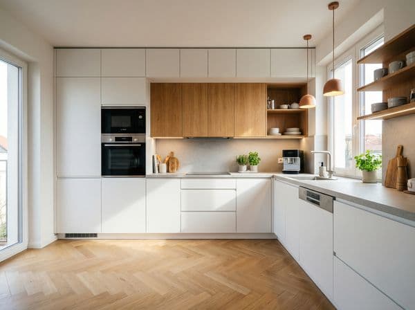 Moderne L-Küche mit Holzakzenten